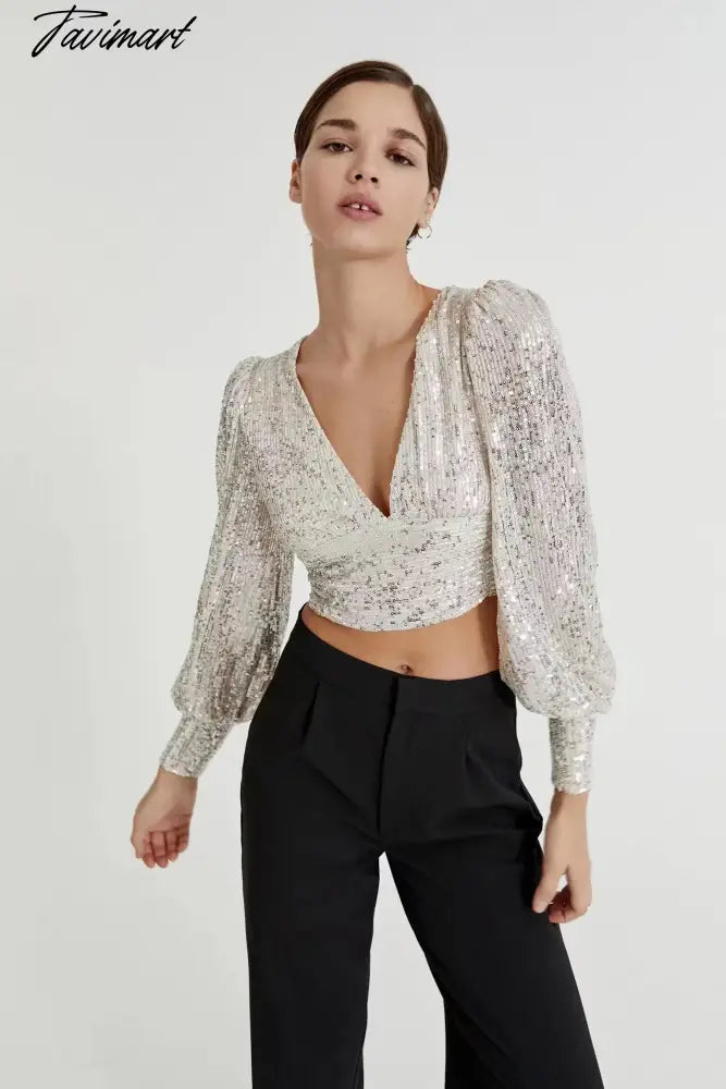 Vneck Blusas Long Sleeve Short Shirt Women Blouse Ins Fashion Blogger England Style Sequins Party Blouse Women And Tops