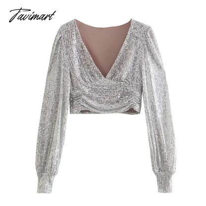 Vneck Blusas Long Sleeve Short Shirt Women Blouse Ins Fashion Blogger England Style Sequins Party Blouse Women And Tops