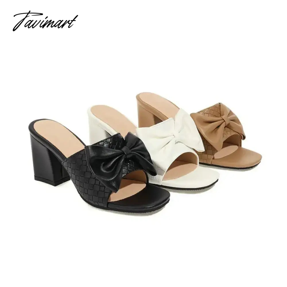 Weaved Pattern Open Toe Block High Heels Woman Slippers With Big Bowtie Woman Mules Slides Sandals Extra Big Size 46 47 48