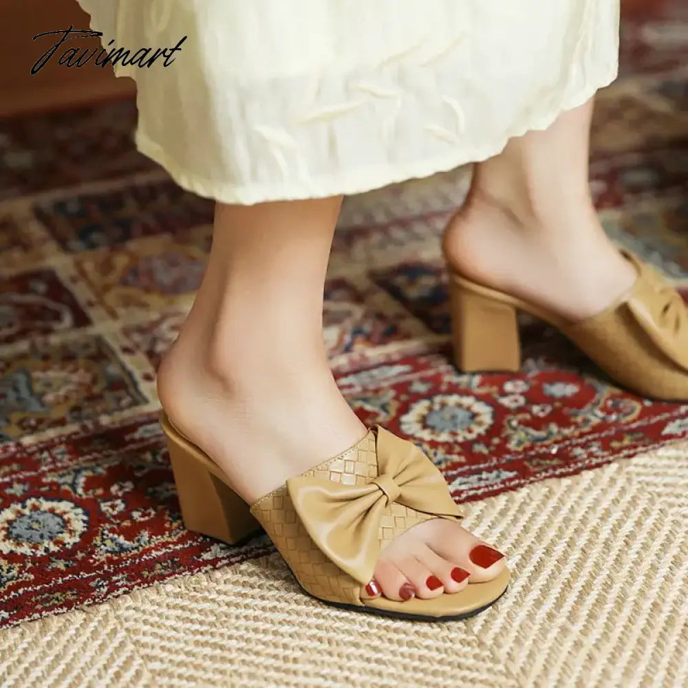 Weaved Pattern Open Toe Block High Heels Woman Slippers With Big Bowtie Woman Mules Slides Sandals Extra Big Size 46 47 48