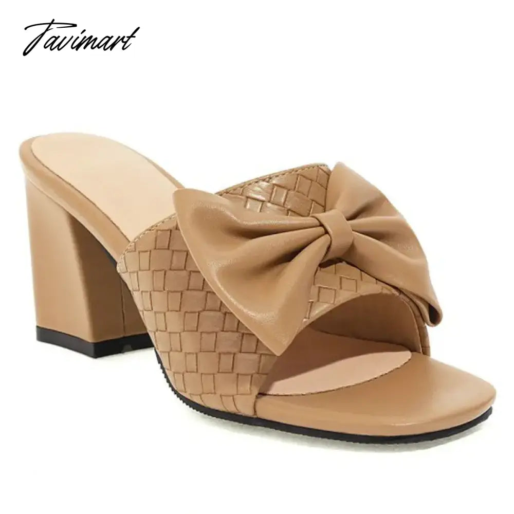 Weaved Pattern Open Toe Block High Heels Woman Slippers With Big Bowtie Woman Mules Slides Sandals Extra Big Size 46 47 48