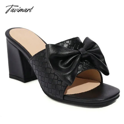 Weaved Pattern Open Toe Block High Heels Woman Slippers With Big Bowtie Woman Mules Slides Sandals Extra Big Size 46 47 48
