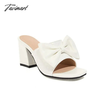 Weaved Pattern Open Toe Block High Heels Woman Slippers With Big Bowtie Woman Mules Slides Sandals Extra Big Size 46 47 48