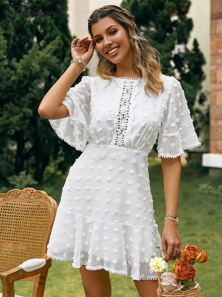 White Elegant Lace Tunic Solid Ruffle Skirt New Summer Women Clotheing Sexy Hollow Crochet Flower Party Mini Dresses A2406
