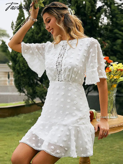 White Elegant Lace Tunic Solid Ruffle Skirt New Summer Women Clotheing Sexy Hollow Crochet Flower Party Mini Dresses A2406