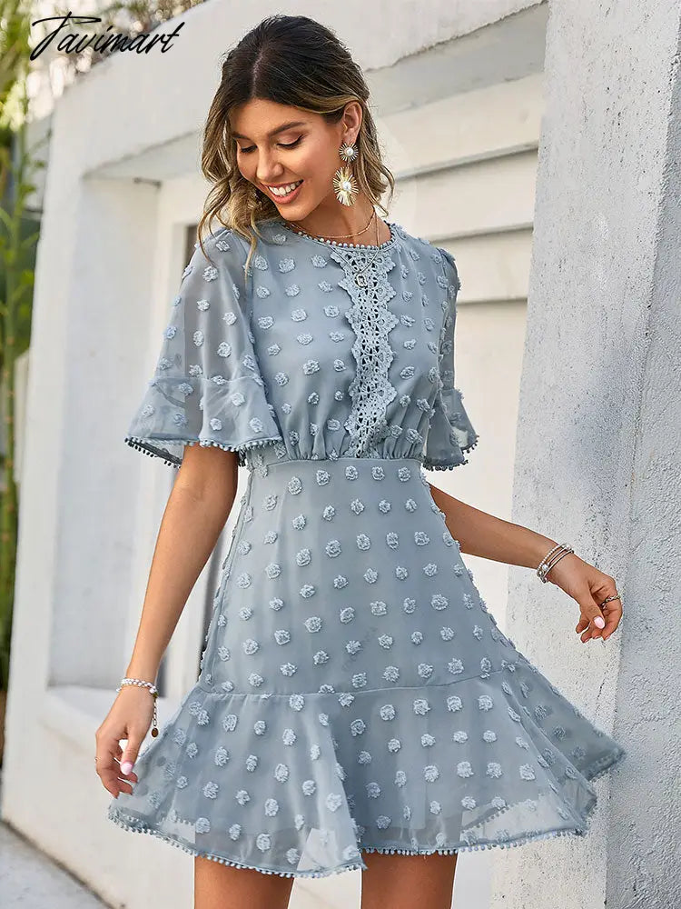 White Elegant Lace Tunic Solid Ruffle Skirt New Summer Women Clotheing Sexy Hollow Crochet Flower Party Mini Dresses A2406