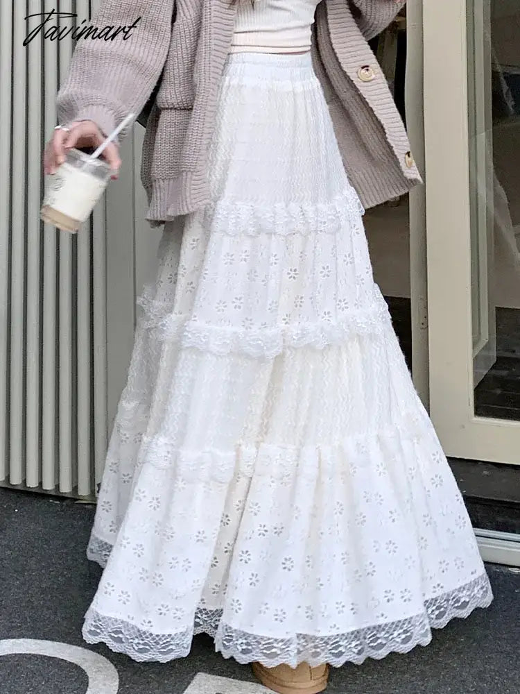 White Lace Long Skirt Women Vintage Fashion Hollow Out Cake Skirts Female Korean Casual Midi Dress Autumn Slim Ruffles Skirt