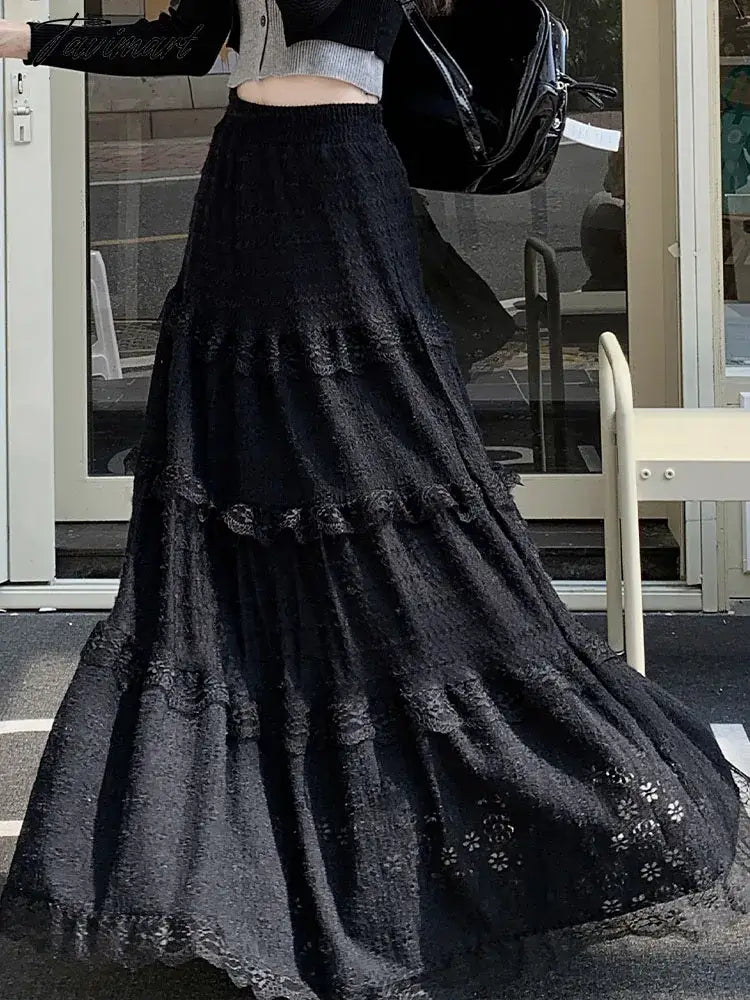 White Lace Long Skirt Women Vintage Fashion Hollow Out Cake Skirts Female Korean Casual Midi Dress Autumn Slim Ruffles Skirt