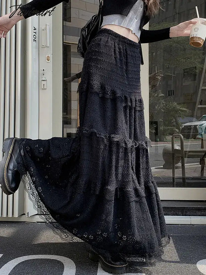White Lace Long Skirt Women Vintage Fashion Hollow Out Cake Skirts Female Korean Casual Midi Dress Autumn Slim Ruffles Skirt