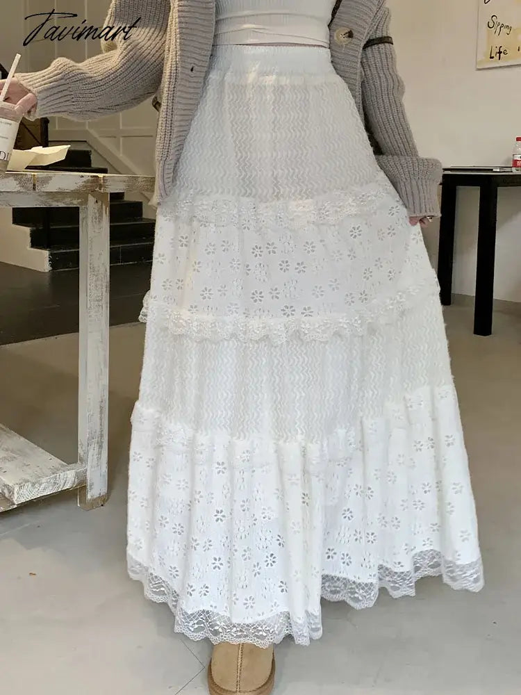 White Lace Long Skirt Women Vintage Fashion Hollow Out Cake Skirts Female Korean Casual Midi Dress Autumn Slim Ruffles Skirt