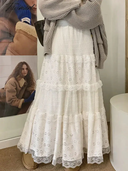White Lace Long Skirt Women Vintage Fashion Hollow Out Cake Skirts Female Korean Casual Midi Dress Autumn Slim Ruffles Skirt