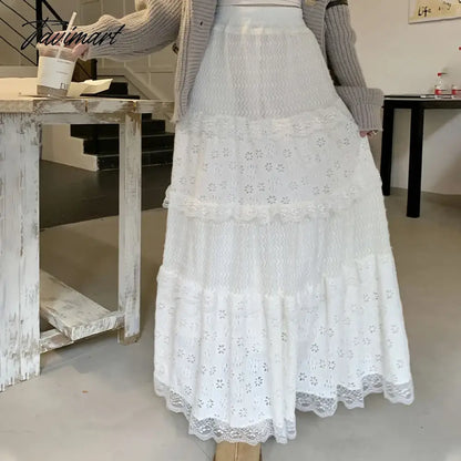 White Lace Long Skirt Women Vintage Fashion Hollow Out Cake Skirts Female Korean Casual Midi Dress Autumn Slim Ruffles Skirt