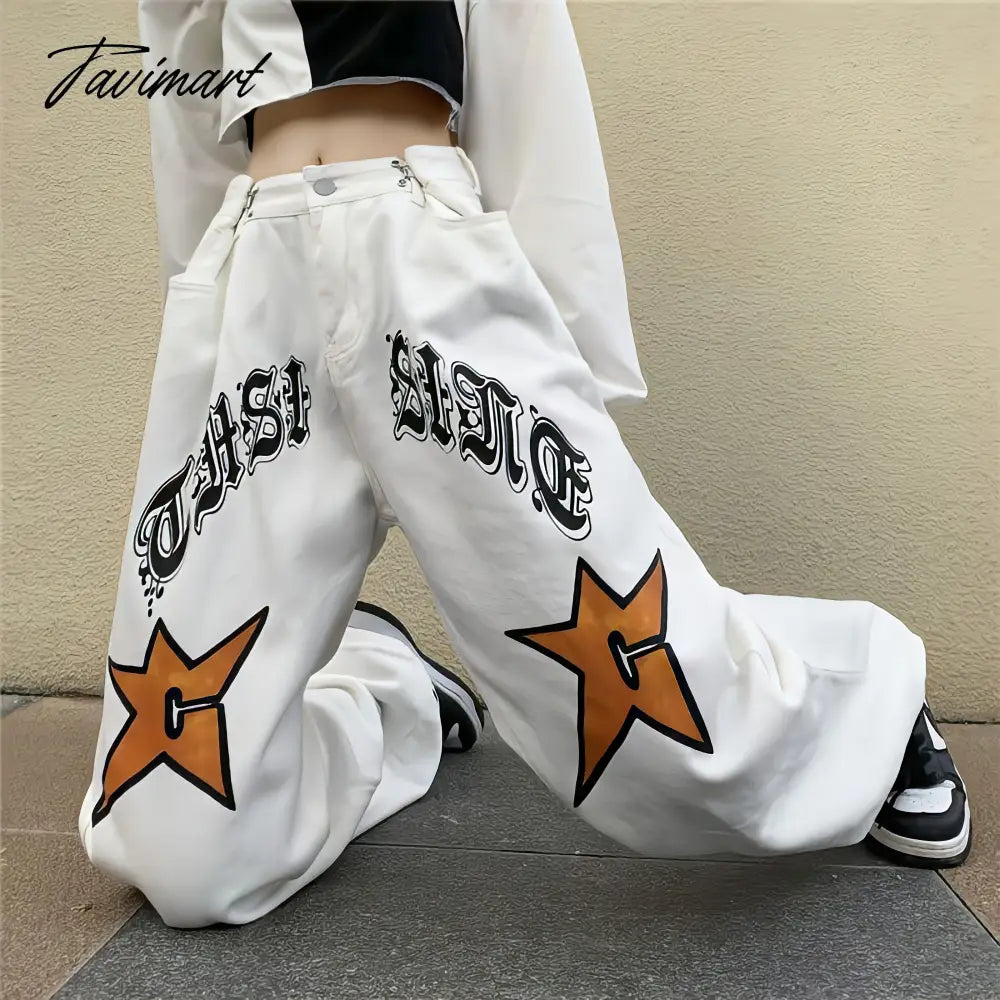 White New Jeans Women Y2k Baggy Hippie Pants Boyfriend Style Vintage High Waist Versatile Straight Leg Mopping Casual Trousers