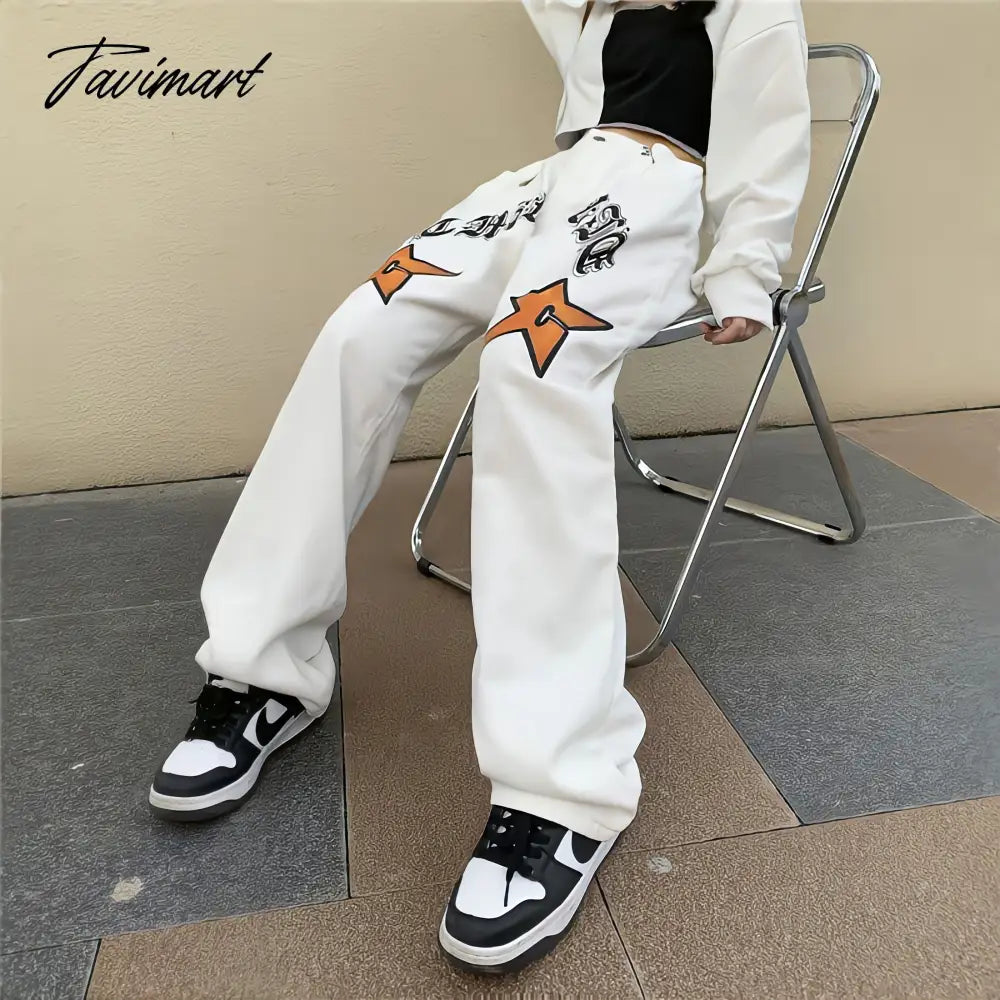 White New Jeans Women Y2k Baggy Hippie Pants Boyfriend Style Vintage High Waist Versatile Straight Leg Mopping Casual Trousers