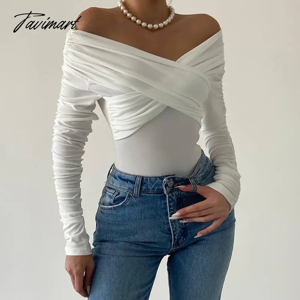 White Off Shoulder Ruched Bodysuit Tops Women Slash Neck Long Sleeve Cross Bodysuits Y2k Fashion Lady Fall Clothes