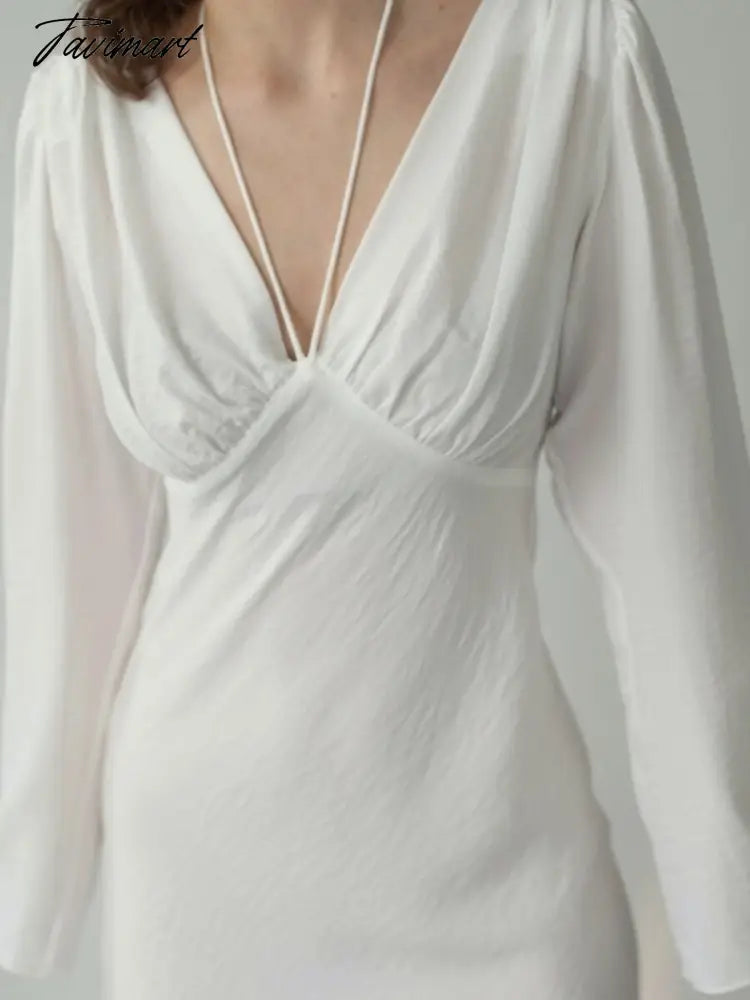 White Party Dress a Line Sexy Lace Up Fashion Elegant Female Clothing Long Sleeve v Neck Solid Color Summer New Arrivals