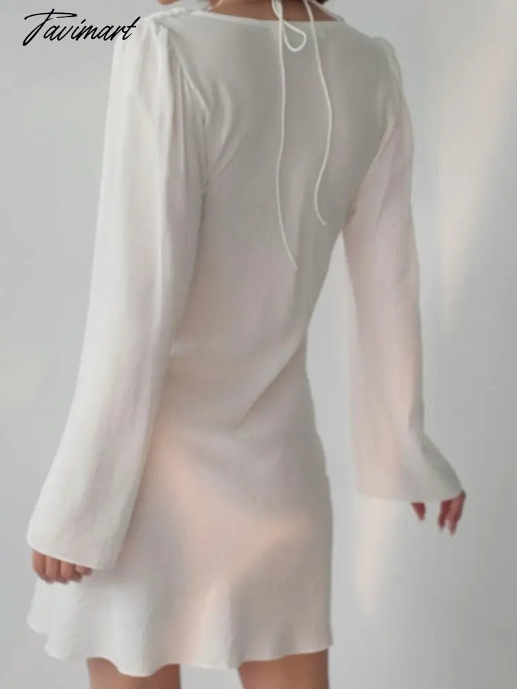 White Party Dress a Line Sexy Lace Up Fashion Elegant Female Clothing Long Sleeve v Neck Solid Color Summer New Arrivals