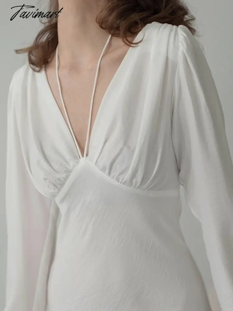 White Party Dress a Line Sexy Lace Up Fashion Elegant Female Clothing Long Sleeve v Neck Solid Color Summer New Arrivals