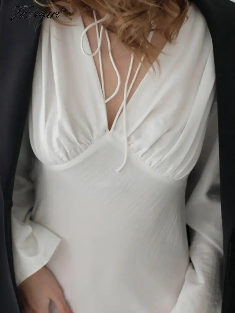 White Party Dress a Line Sexy Lace Up Fashion Elegant Female Clothing Long Sleeve v Neck Solid Color Summer New Arrivals
