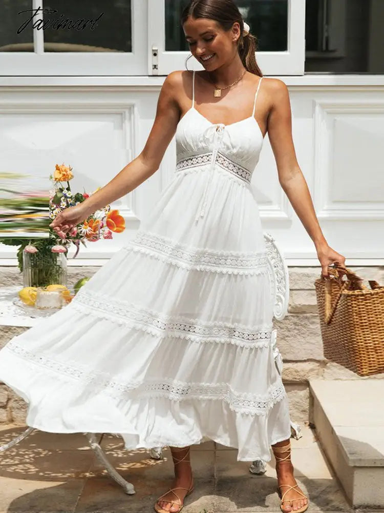 White Spaghetti Straps Dress Elegant Summer Women Holiday Hollow Out Long Beach Sundress Soft Smock Split Vestido A1074