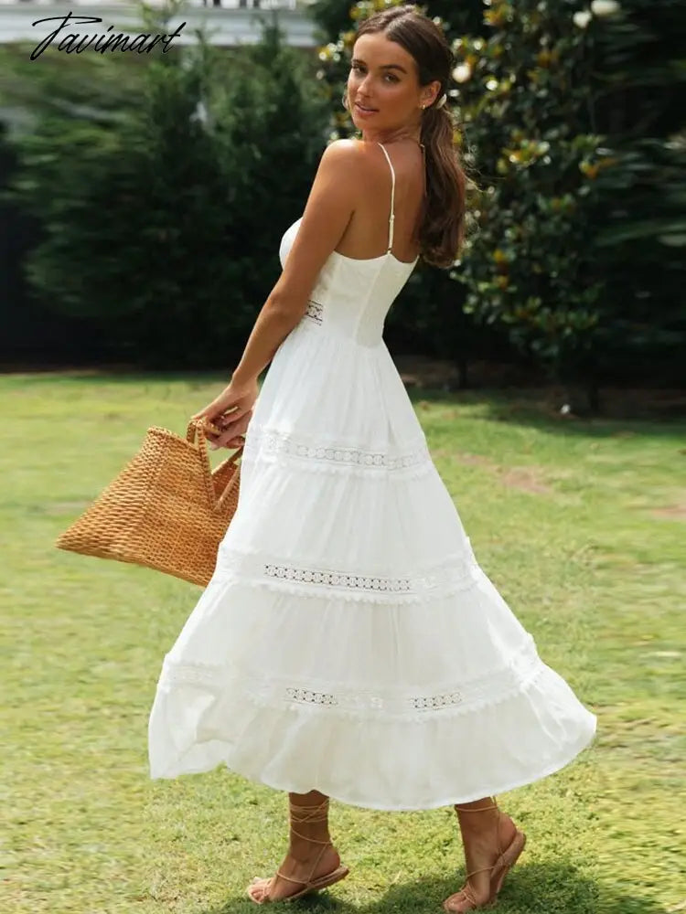 White Spaghetti Straps Dress Elegant Summer Women Holiday Hollow Out Long Beach Sundress Soft Smock Split Vestido A1074