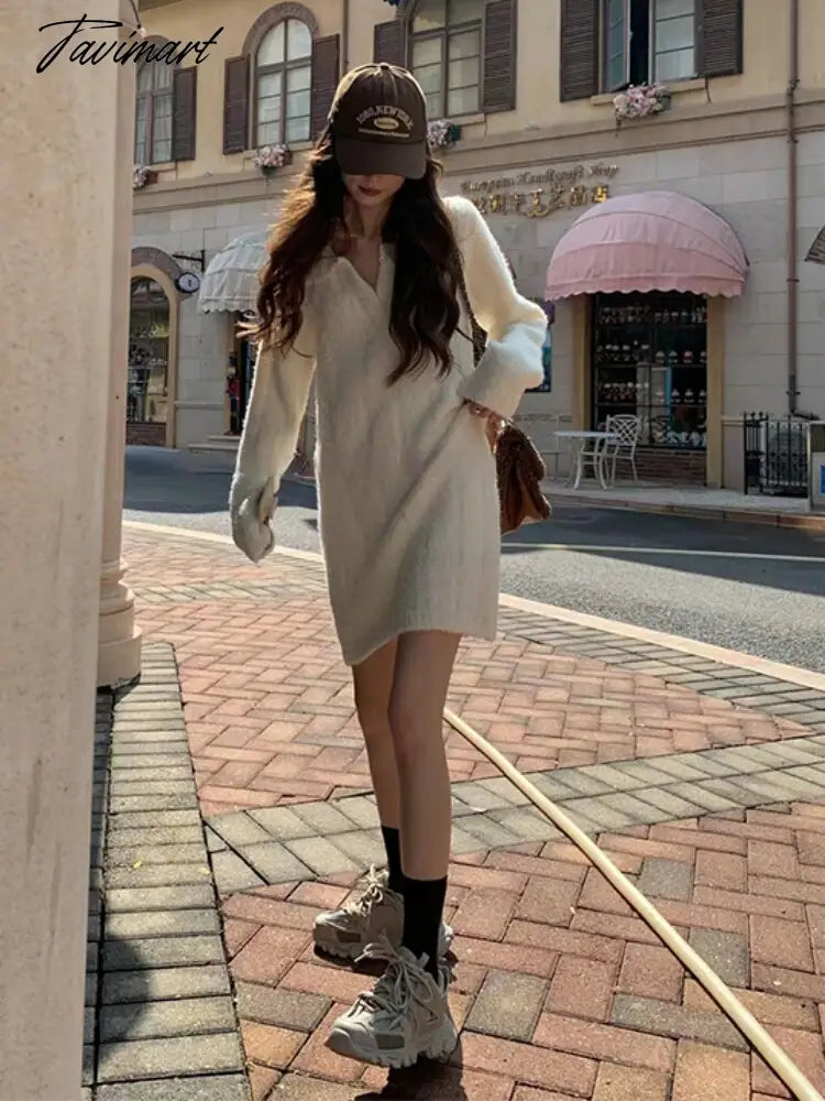 White Warm Knitted Mini Dress Women Long Sleeve Elegant Vintage Dress Female Casual Korean Fashion Loose Y2K Sweater Dress