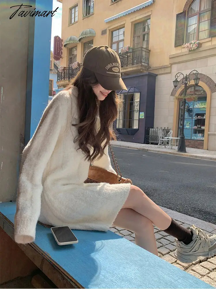 White Warm Knitted Mini Dress Women Long Sleeve Elegant Vintage Dress Female Casual Korean Fashion Loose Y2K Sweater Dress