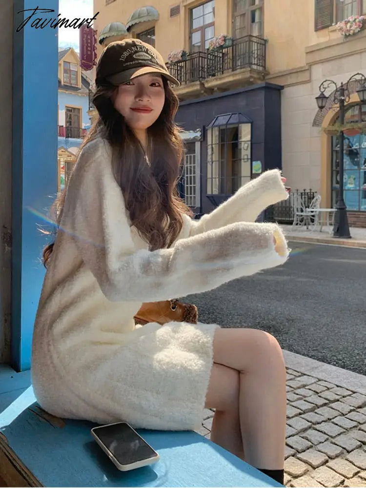 White Warm Knitted Mini Dress Women Long Sleeve Elegant Vintage Dress Female Casual Korean Fashion Loose Y2K Sweater Dress