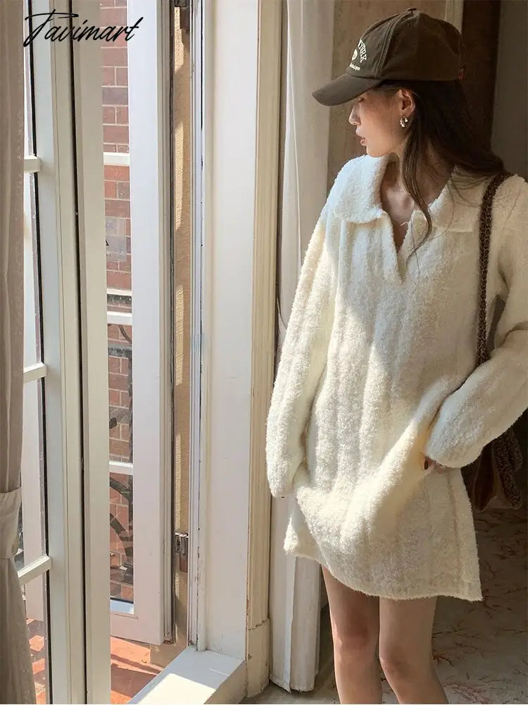 White Warm Knitted Mini Dress Women Long Sleeve Elegant Vintage Dress Female Casual Korean Fashion Loose Y2K Sweater Dress