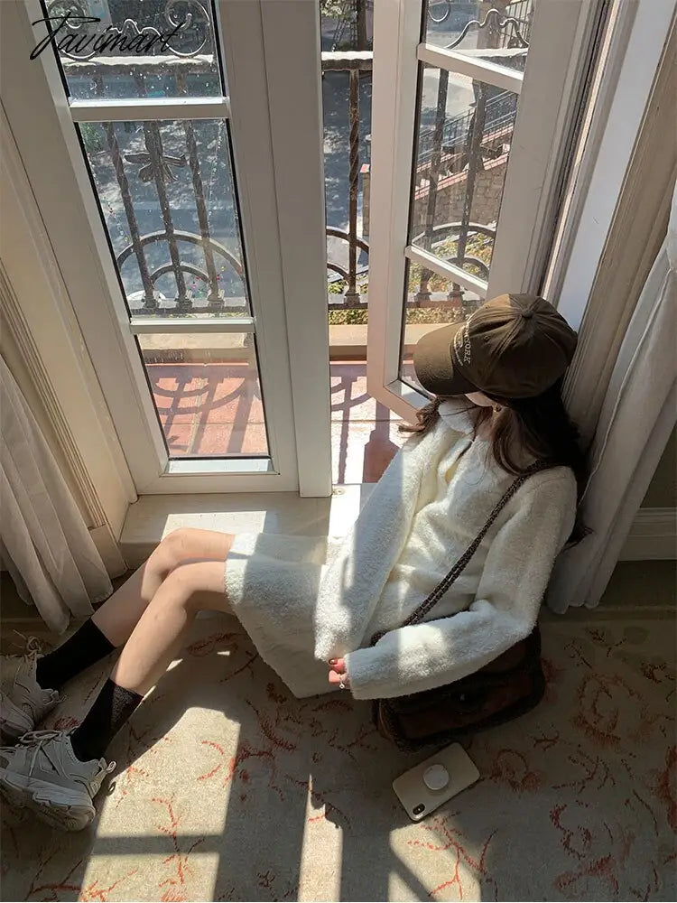 White Warm Knitted Mini Dress Women Long Sleeve Elegant Vintage Dress Female Casual Korean Fashion Loose Y2K Sweater Dress