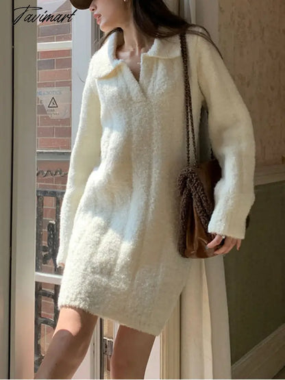 White Warm Knitted Mini Dress Women Long Sleeve Elegant Vintage Dress Female Casual Korean Fashion Loose Y2K Sweater Dress