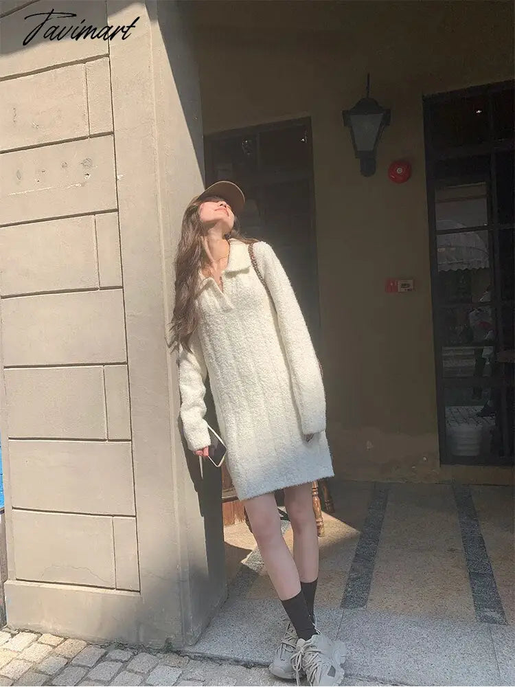 White Warm Knitted Mini Dress Women Long Sleeve Elegant Vintage Dress Female Casual Korean Fashion Loose Y2K Sweater Dress