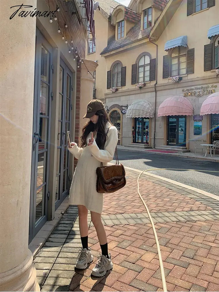 White Warm Knitted Mini Dress Women Long Sleeve Elegant Vintage Dress Female Casual Korean Fashion Loose Y2K Sweater Dress