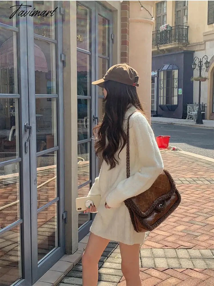 White Warm Knitted Mini Dress Women Long Sleeve Elegant Vintage Dress Female Casual Korean Fashion Loose Y2K Sweater Dress