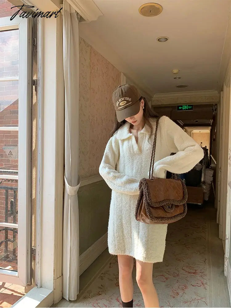 White Warm Knitted Mini Dress Women Long Sleeve Elegant Vintage Dress Female Casual Korean Fashion Loose Y2K Sweater Dress