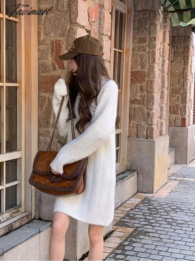 White Warm Knitted Mini Dress Women Long Sleeve Elegant Vintage Dress Female Casual Korean Fashion Loose Y2K Sweater Dress