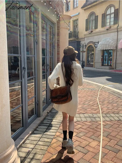 White Warm Knitted Mini Dress Women Long Sleeve Elegant Vintage Dress Female Casual Korean Fashion Loose Y2K Sweater Dress