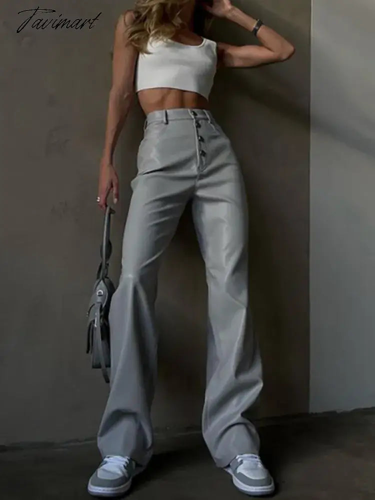 White Winter Women's Leather Pants Button Classic Leather Trousers Tight PU Long Faux Leather Pants for Women Flare Pants