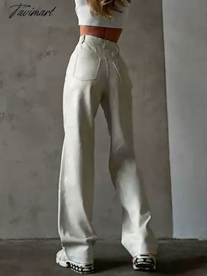 White Winter Women's Leather Pants Button Classic Leather Trousers Tight PU Long Faux Leather Pants for Women Flare Pants