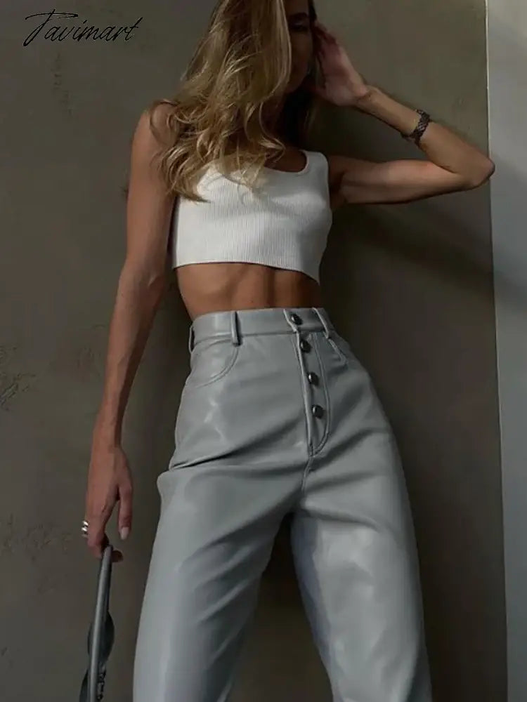 White Winter Women's Leather Pants Button Classic Leather Trousers Tight PU Long Faux Leather Pants for Women Flare Pants