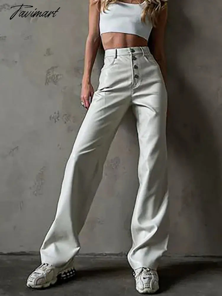 White Winter Women's Leather Pants Button Classic Leather Trousers Tight PU Long Faux Leather Pants for Women Flare Pants