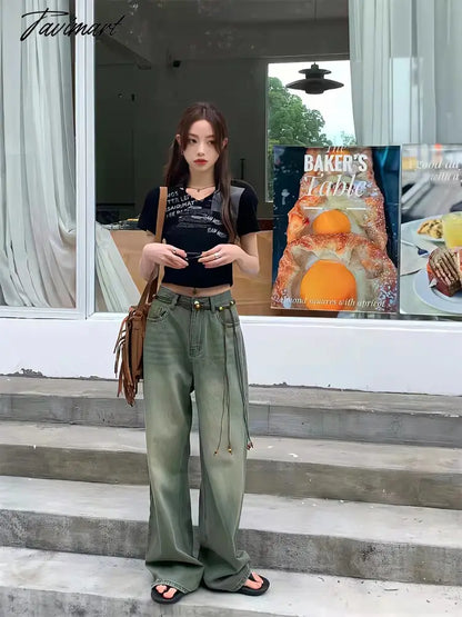 Wide Leg Denim Trousers Vintage Green Jeans Women Summer Korean Fashion Vibe Style Y2k Streetwear High Waist Baggy Pants