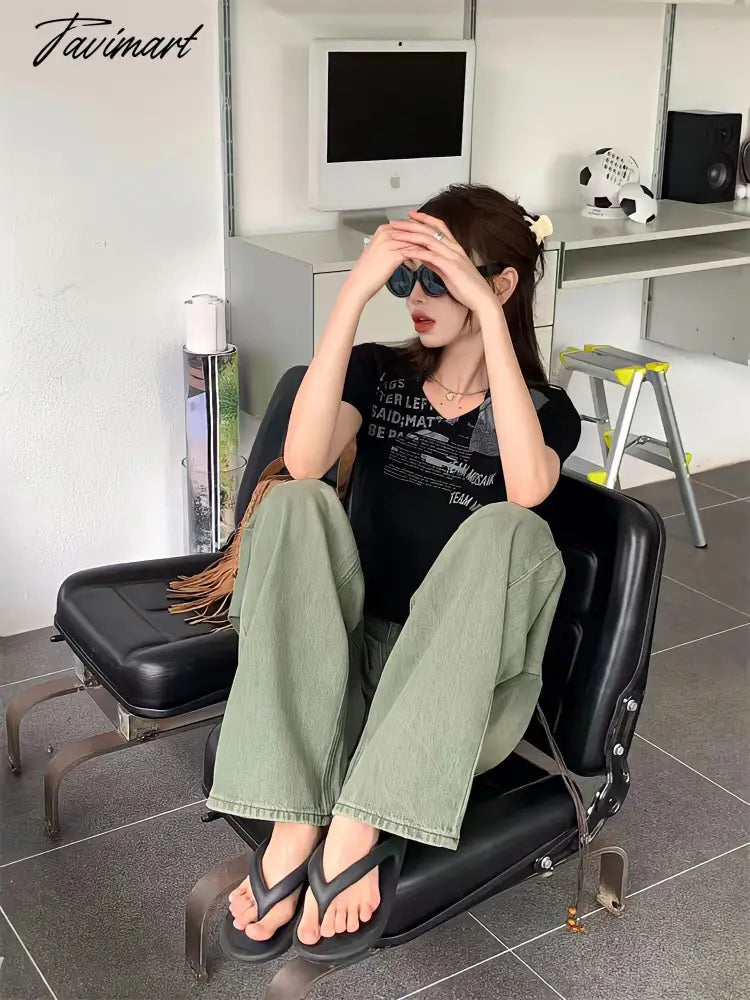 Wide Leg Denim Trousers Vintage Green Jeans Women Summer Korean Fashion Vibe Style Y2k Streetwear High Waist Baggy Pants