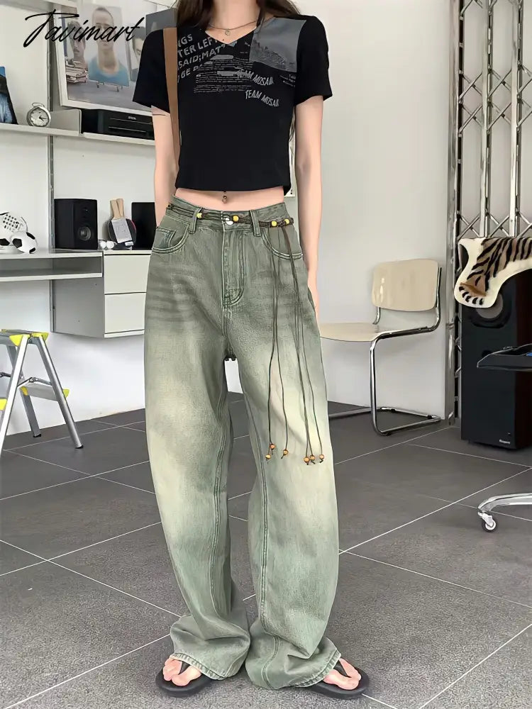 Wide Leg Denim Trousers Vintage Green Jeans Women Summer Korean Fashion Vibe Style Y2k Streetwear High Waist Baggy Pants