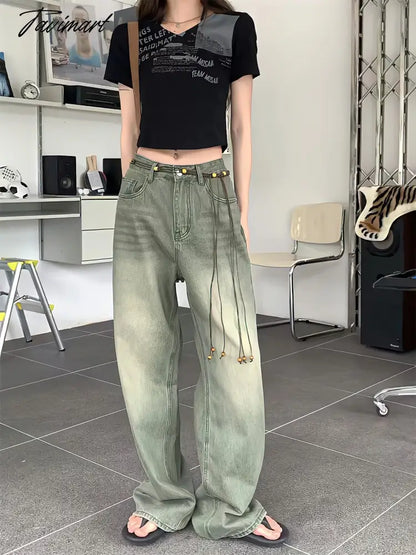 Wide Leg Denim Trousers Vintage Green Jeans Women Summer Korean Fashion Vibe Style Y2k Streetwear High Waist Baggy Pants