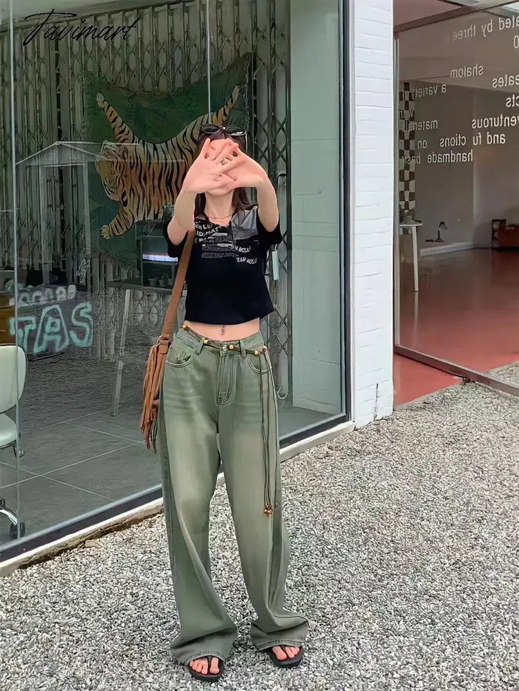 Wide Leg Denim Trousers Vintage Green Jeans Women Summer Korean Fashion Vibe Style Y2k Streetwear High Waist Baggy Pants