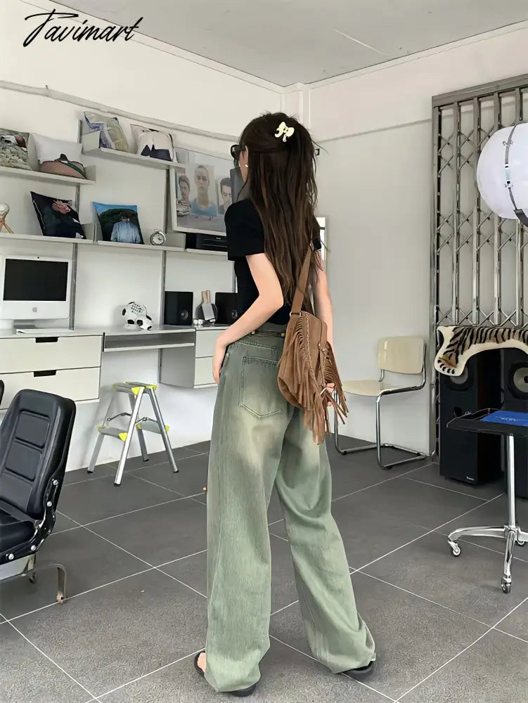 Wide Leg Denim Trousers Vintage Green Jeans Women Summer Korean Fashion Vibe Style Y2k Streetwear High Waist Baggy Pants