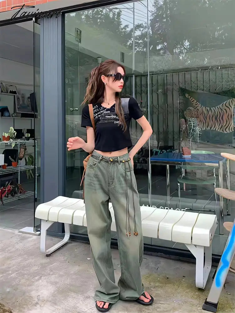 Wide Leg Denim Trousers Vintage Green Jeans Women Summer Korean Fashion Vibe Style Y2k Streetwear High Waist Baggy Pants