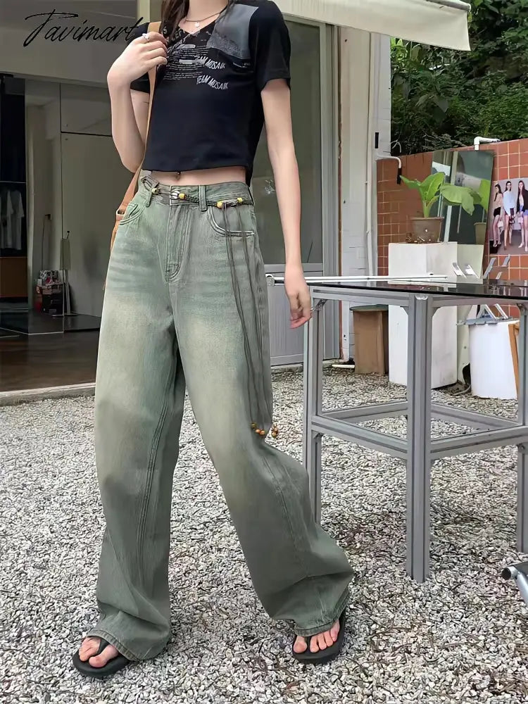 Wide Leg Denim Trousers Vintage Green Jeans Women Summer Korean Fashion Vibe Style Y2k Streetwear High Waist Baggy Pants