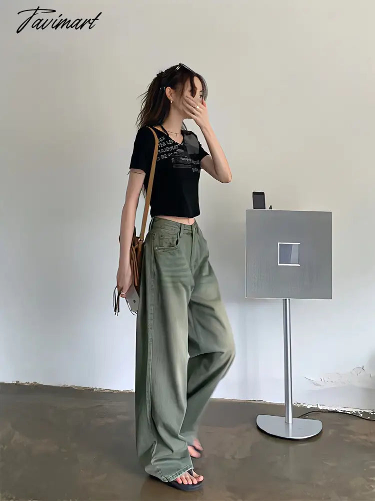 Wide Leg Denim Trousers Vintage Green Jeans Women Summer Korean Fashion Vibe Style Y2k Streetwear High Waist Baggy Pants